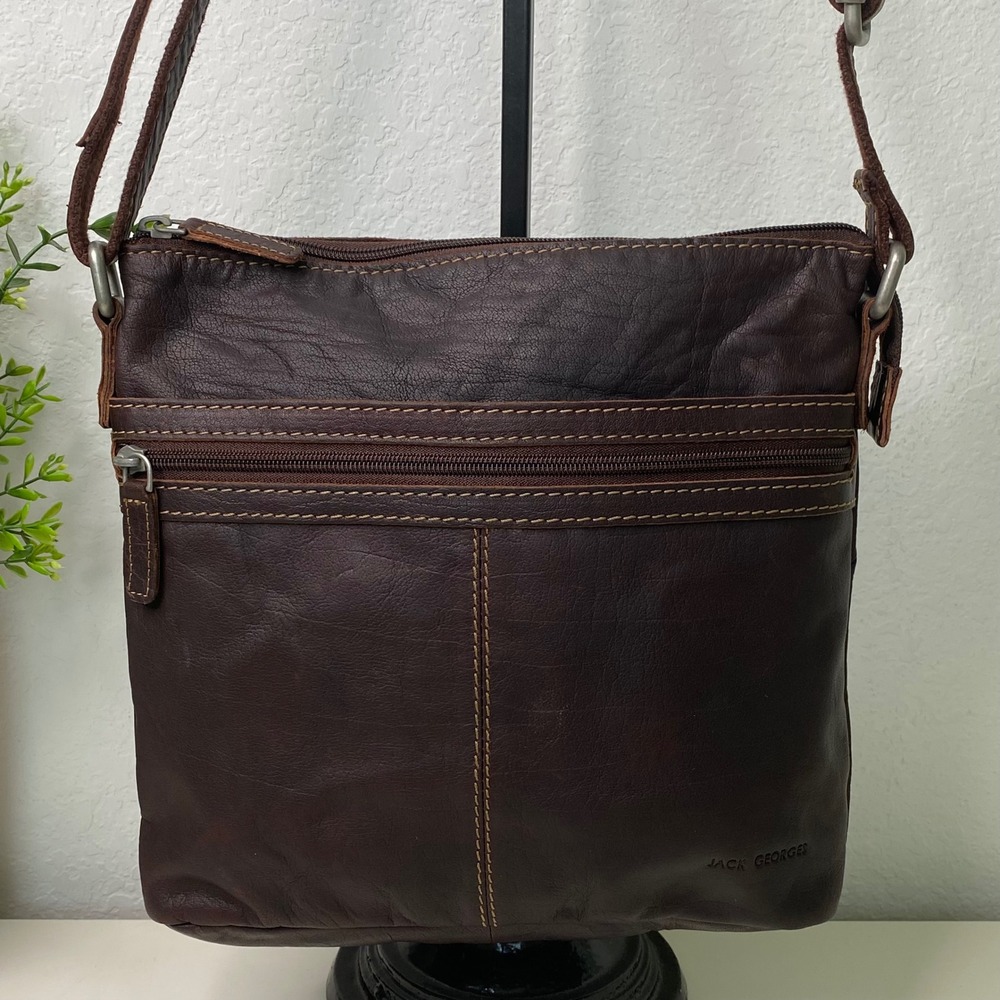Jack Georges Voyager Buffalo Leather Unisex Crossbody Bag Brown Top Zip Purse